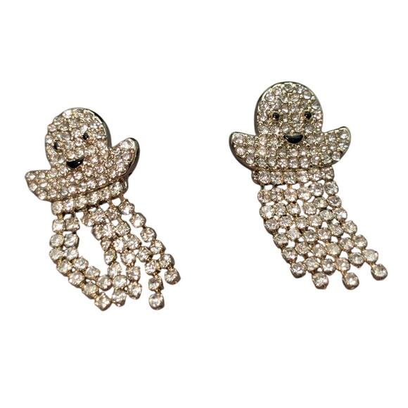 J. Crew Clear Crystal Pave Dangle Fringe Drop Ghost Halloween Pierced Earrings - Picture 3 of 4